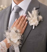 Load image into Gallery viewer, Off white w silver preserved flowers corsage &amp; buttonhole – school formal
