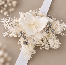 Load image into Gallery viewer, Off white w silver preserved flowers corsage &amp; buttonhole – school formal
