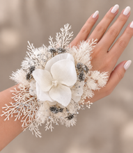 Load image into Gallery viewer, Off white w silver preserved flowers corsage &amp; buttonhole – school formal
