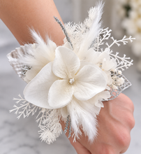 Load image into Gallery viewer, White &amp; silver everlasting flowers corsage &amp; buttonhole – school formal
