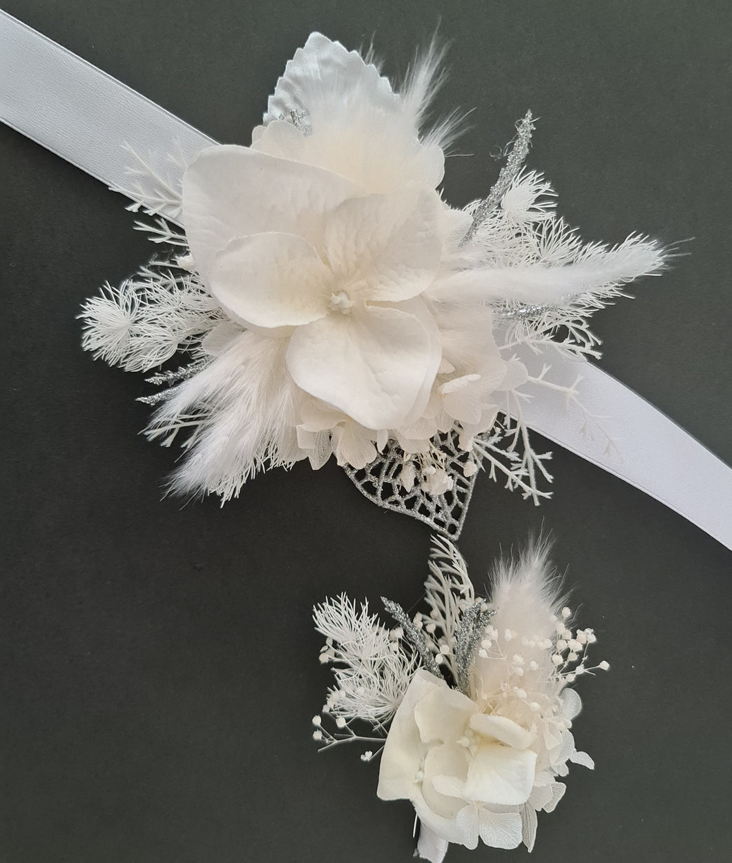 Boho white & silver everlasting flowers corsage & buttonhole – school formal