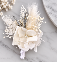 Load image into Gallery viewer, White &amp; silver everlasting flowers corsage &amp; buttonhole – school formal
