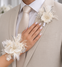 Load image into Gallery viewer, White &amp; silver everlasting flowers corsage &amp; buttonhole – school formal
