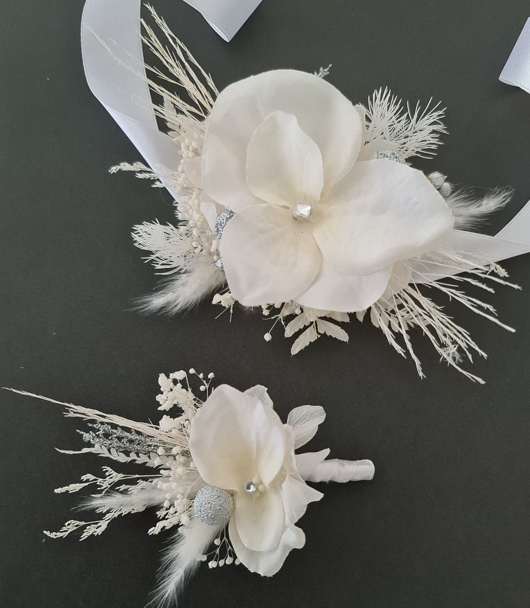 Boho everlasting flowers corsage white w silver & crystals – school prom
