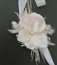 Load image into Gallery viewer, Boho everlasting flowers corsage white w silver &amp; crystals – school prom
