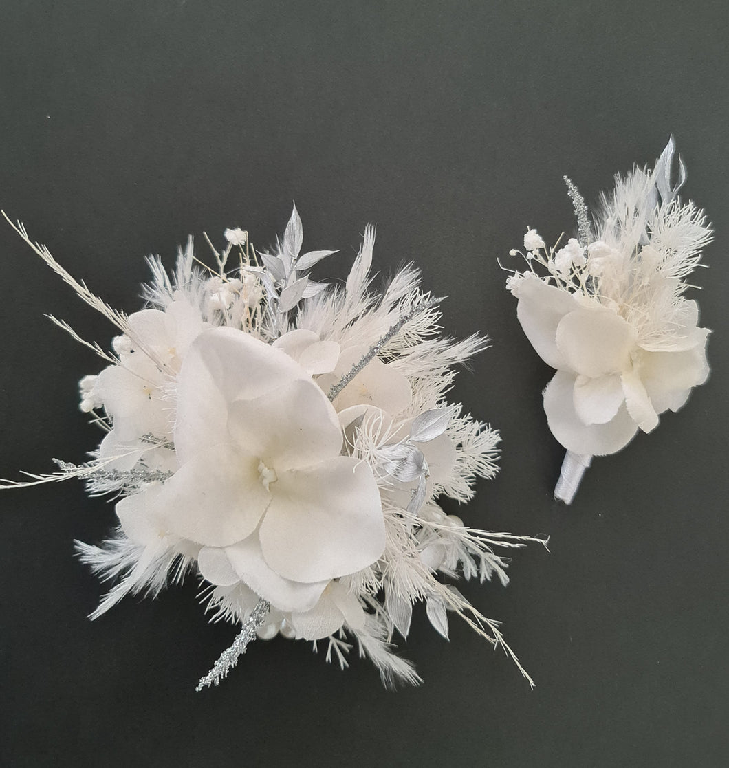 Boho everlasting flowers corsage white & off white w silver & pearl bracelet– wedding / school formal