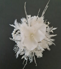 Load image into Gallery viewer, Boho everlasting flowers corsage white &amp; off white w silver &amp; pearl bracelet– wedding / school formal
