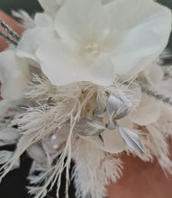Load image into Gallery viewer, Boho everlasting flowers corsage white &amp; off white w silver &amp; pearl bracelet– wedding / school formal
