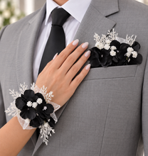 Load image into Gallery viewer, Black &amp; white everlasting flowers corsage &amp; pocket flowers – wedding / school formal
