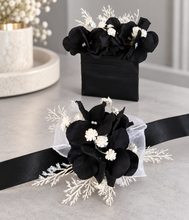 Load image into Gallery viewer, Black &amp; white everlasting flowers corsage &amp; pocket flowers – wedding / school formal
