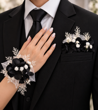 Load image into Gallery viewer, Black &amp; white everlasting flowers corsage &amp; pocket flowers – wedding / school formal
