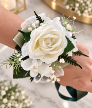 Load image into Gallery viewer, Green &amp; white everlasting flowers corsage &amp; pocket flowers – wedding / school formal
