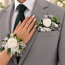 Load image into Gallery viewer, Green &amp; white everlasting flowers corsage &amp; pocket flowers – wedding / school formal
