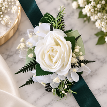 Load image into Gallery viewer, Green &amp; white everlasting flowers corsage &amp; pocket flowers – wedding / school formal
