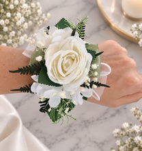 Load image into Gallery viewer, Green &amp; white everlasting flowers corsage &amp; pocket flowers – wedding / school formal
