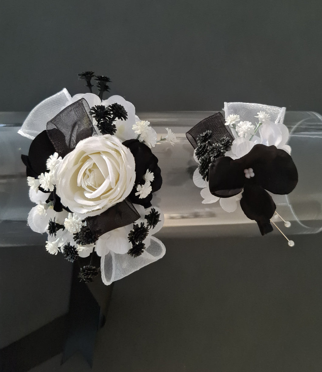 Black & white everlasting flowers corsage & buttonhole – wedding / school formal