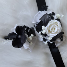 Load image into Gallery viewer, Black &amp; white everlasting flowers corsage &amp; buttonhole – wedding / school formal
