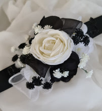 Load image into Gallery viewer, Black &amp; white everlasting flowers corsage &amp; buttonhole – wedding / school formal
