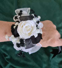 Load image into Gallery viewer, Black &amp; white everlasting flowers corsage &amp; buttonhole – wedding / school formal
