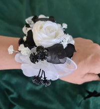 Load image into Gallery viewer, Black &amp; white everlasting flowers corsage &amp; buttonhole – wedding / school formal
