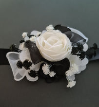 Load image into Gallery viewer, Black &amp; white everlasting flowers corsage &amp; buttonhole – wedding / school formal
