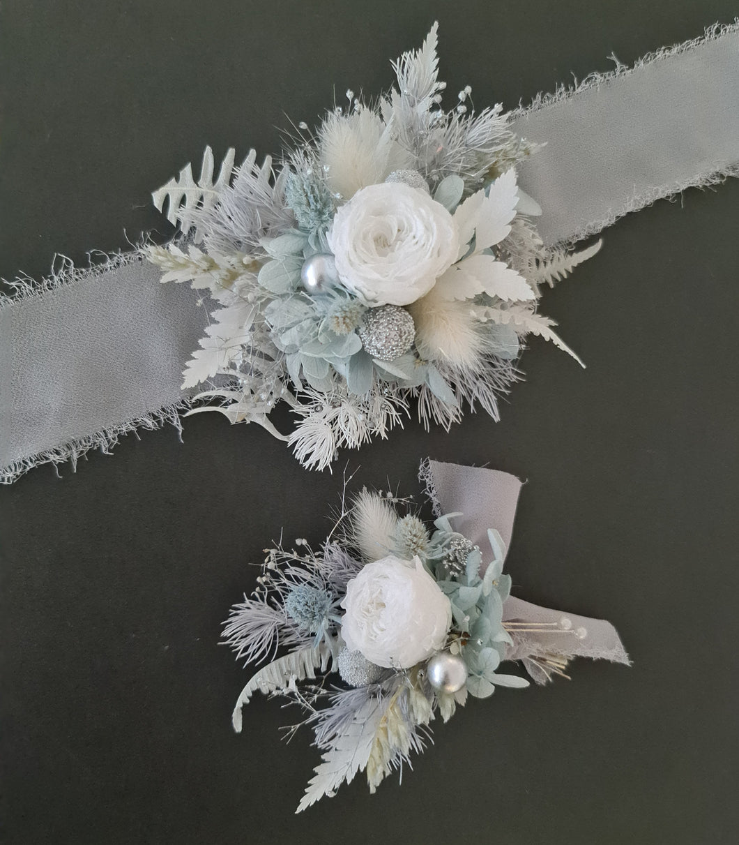 Mini preserved peony corsage & buttonhole – baby blue, grey, white – school formal