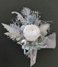 Load image into Gallery viewer, Mini preserved peony corsage &amp; buttonhole – baby blue, grey, white – school formal
