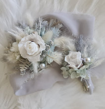 Load image into Gallery viewer, Mini preserved rose corsage &amp; buttonhole – baby blue, grey, white – school formal
