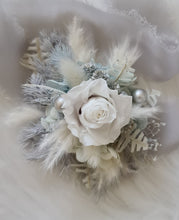 Load image into Gallery viewer, Mini preserved rose corsage &amp; buttonhole – baby blue, grey, white – school formal
