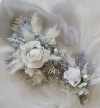Load image into Gallery viewer, Mini preserved rose corsage &amp; buttonhole – baby blue, grey, white – school formal
