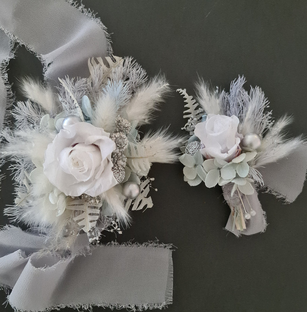 Mini preserved rose corsage & buttonhole – baby blue, grey, white – school formal