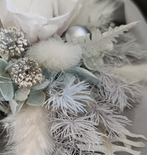 Load image into Gallery viewer, Mini preserved rose corsage &amp; buttonhole – baby blue, grey, white – school formal
