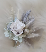 Load image into Gallery viewer, Mini preserved rose corsage &amp; buttonhole – baby blue, grey, white – school formal
