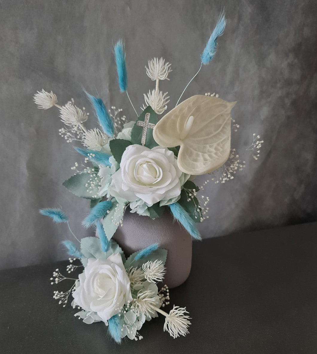 Double soft blue / green floral cake topper  – Christening, Baptism, Holly Communion