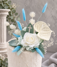 Load image into Gallery viewer, Double soft blue / green floral cake topper  – Christening, Baptism, Holly Communion
