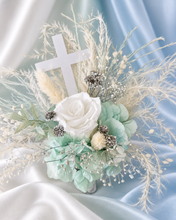 Load image into Gallery viewer, 2 x Floral cake topper baby blue &amp; white – Christening, Baptism, Holly Communion
