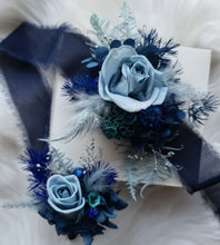 Load image into Gallery viewer, Mini preserved rose corsage &amp; buttonhole – blue shades – school formal
