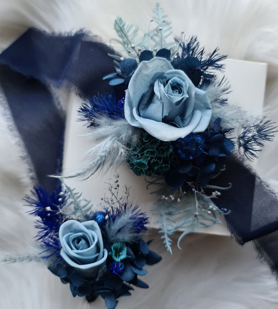 Mini preserved rose corsage & buttonhole – blue shades – school formal