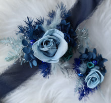 Load image into Gallery viewer, Mini preserved rose corsage &amp; buttonhole – blue shades – school formal
