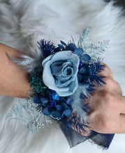 Load image into Gallery viewer, Mini preserved rose corsage &amp; buttonhole – blue shades – school formal
