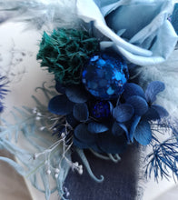 Load image into Gallery viewer, Mini preserved rose corsage &amp; buttonhole – blue shades – school formal
