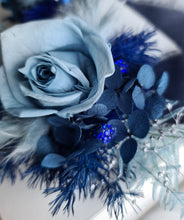 Load image into Gallery viewer, Mini preserved rose corsage &amp; buttonhole – blue shades – school formal
