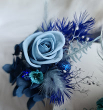 Load image into Gallery viewer, Mini preserved rose corsage &amp; buttonhole – blue shades – school formal
