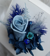 Load image into Gallery viewer, Mini preserved rose corsage &amp; buttonhole – blue shades – school formal

