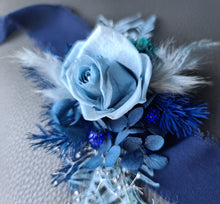 Load image into Gallery viewer, Mini preserved rose corsage &amp; buttonhole – blue shades – school formal
