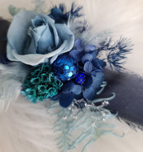Load image into Gallery viewer, Mini preserved rose corsage &amp; buttonhole – blue shades – school formal
