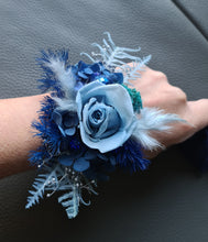 Load image into Gallery viewer, Mini preserved rose corsage &amp; buttonhole – blue shades – school formal
