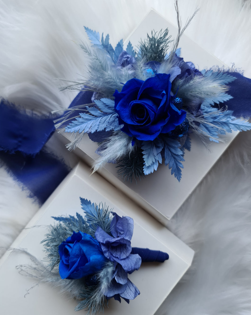 Mini preserved rose corsage & buttonhole – royal blue and blue – school formal