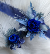Load image into Gallery viewer, Mini preserved rose corsage &amp; buttonhole – royal blue and blue – school formal

