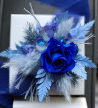 Load image into Gallery viewer, Mini preserved rose corsage &amp; buttonhole – royal blue and blue – school formal
